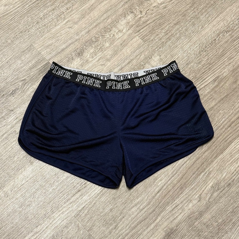 Pink Victoria's Secret Mesh Athletic Shorts Navy Blue Logo Waist Medium 362482